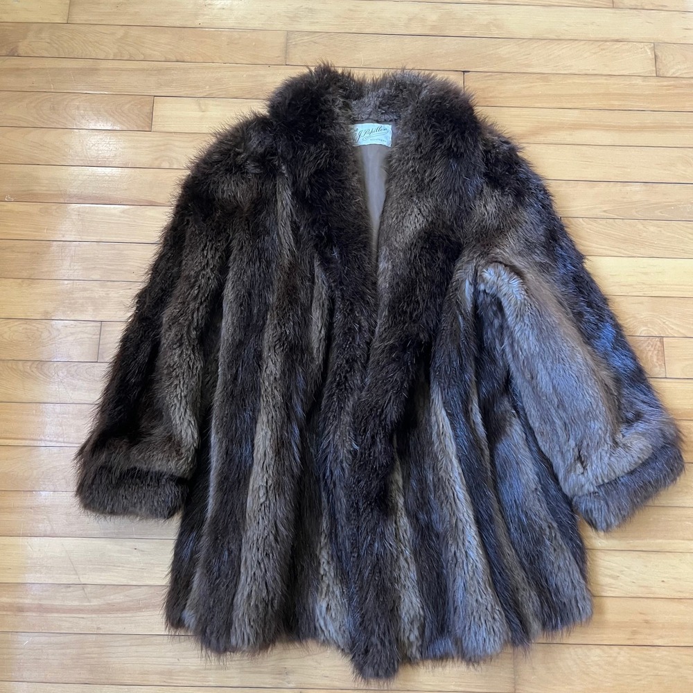 Vintage G.J. Papillon Montreal Brown Real Fur Coat Shawl Collar Mid Length